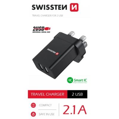 Swissten síťový adaptér 2x usb 10,5w pro uk zásuvku černý