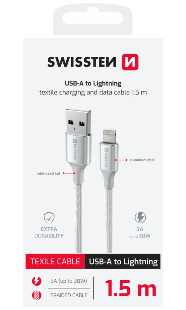 Swissten datový kabeltextile ii usb / lightning 1,5 m bílý
