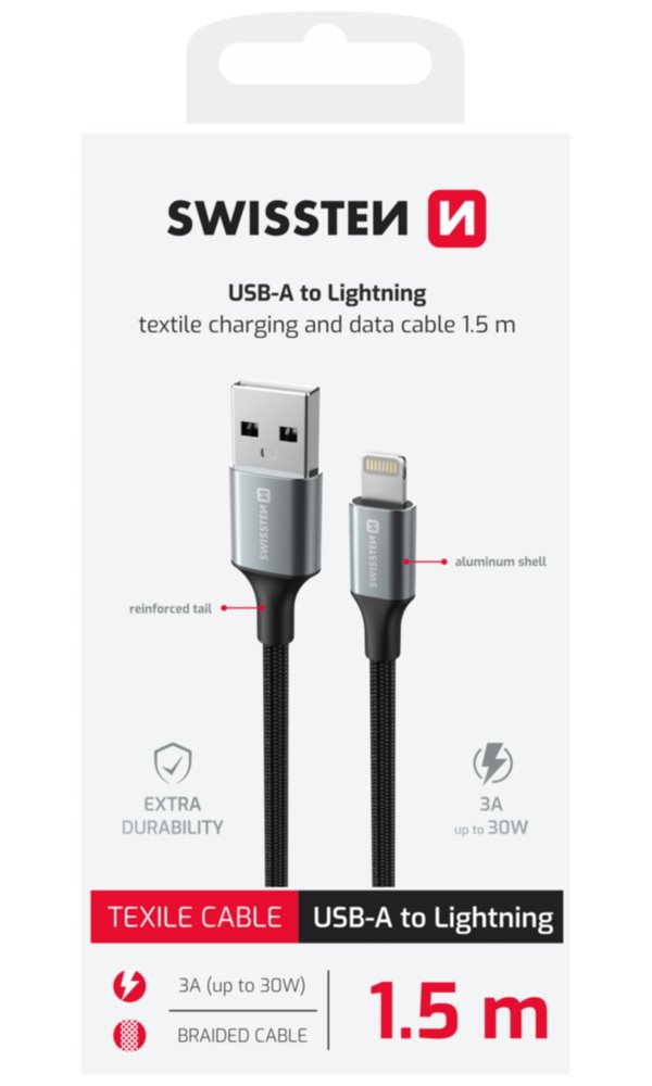 Swissten datový kabeltextile ii usb / lightning 1,5 m černý