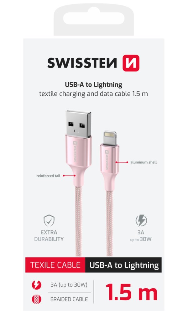 Swissten datový kabeltextile ii usb / lightning 1,5 m růžový