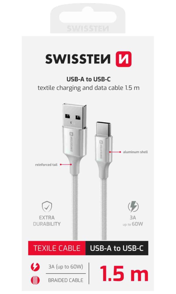 Swissten datový kabeltextile ii usb / usb-c 1,5 m bílý