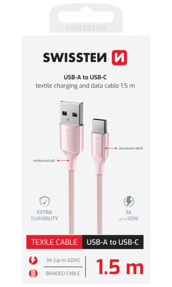 Swissten datový kabeltextile ii usb / usb-c 1,5 m růžový