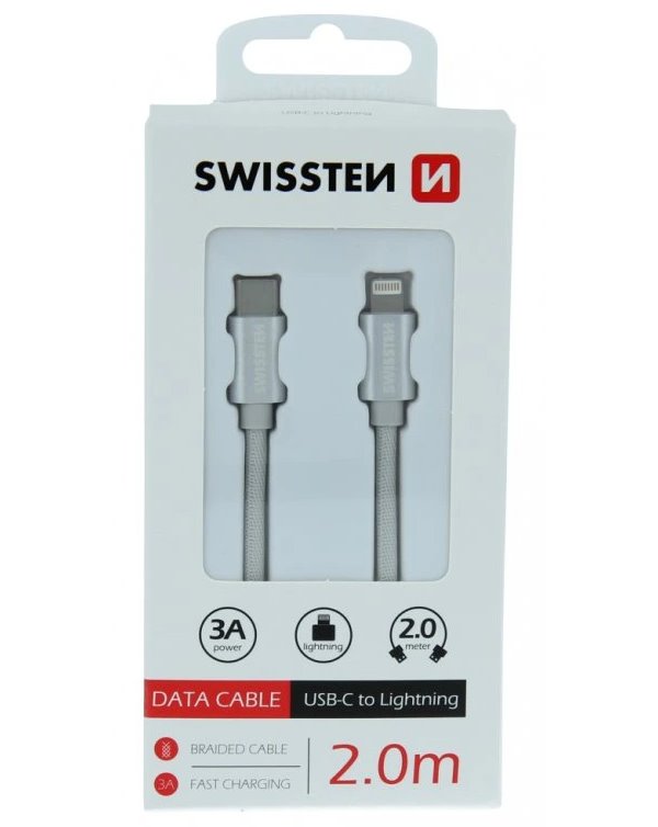 Swissten datový kabeltextile usb-c / lightning 2,0 m stříbrný