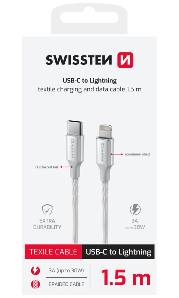 Swissten datový kabeltextile ii usb-c / lightning 1,5 m bílý