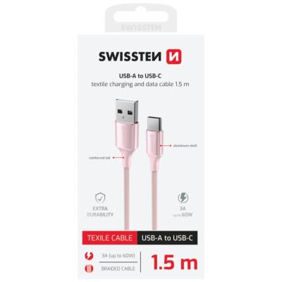Swissten datový kabeltextile ii usb / usb-c 1,5 m růžový