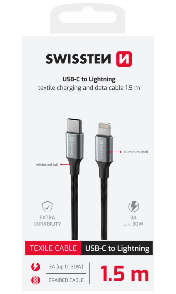 Swissten datový kabeltextile ii usb-c / lightning 1,5 m černý