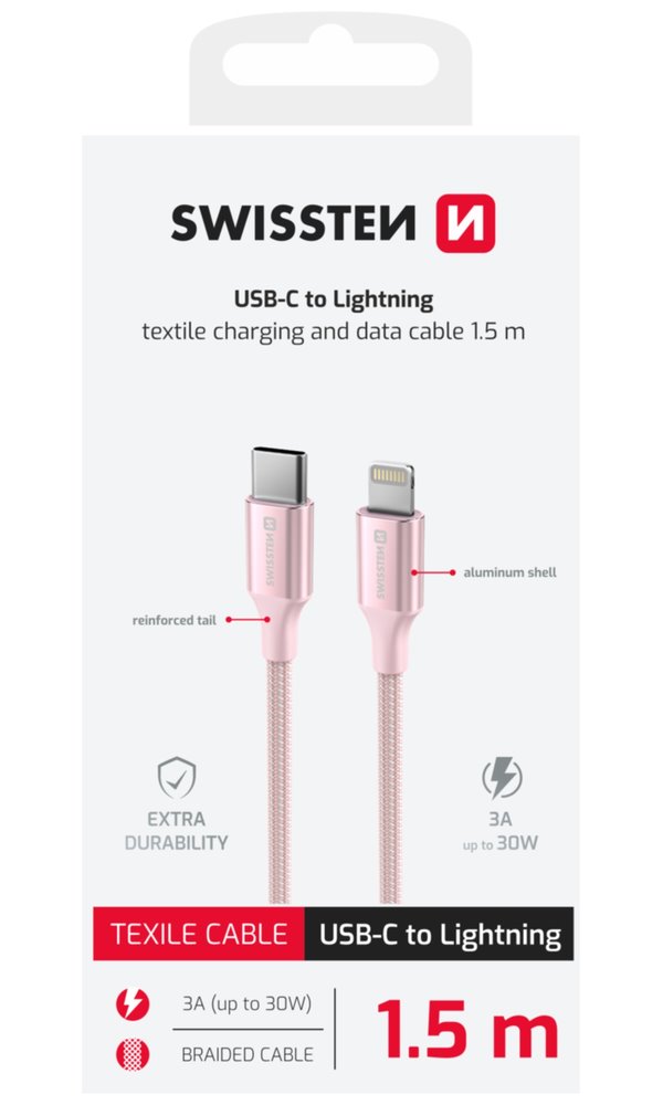 Swissten datový kabeltextile ii usb-c / lightning 1,5 m růžový