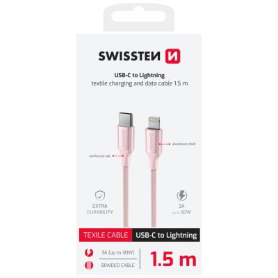 Swissten datový kabeltextile ii usb-c / lightning 1,5 m růžový