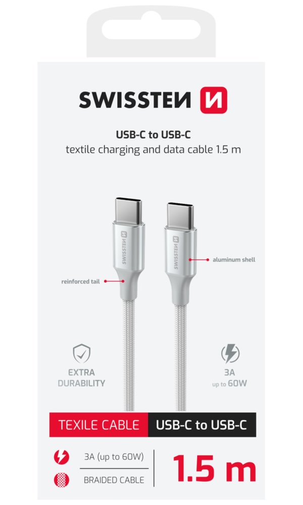 Swissten datový kabel textile ii usb-c / usb-c 1,5 m bílý