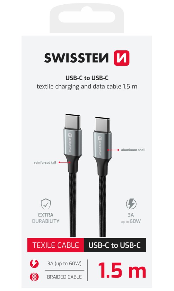 Swissten datový kabeltextile ii usb-c / usb-c 1,5 m černý