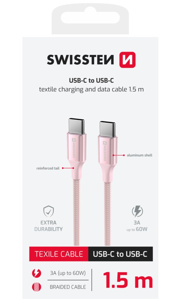Swissten datový kabeltextile ii usb-c / usb-c 1,5 m růžový