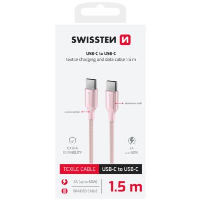 Swissten datový kabeltextile ii usb-c / usb-c 1,5 m růžový