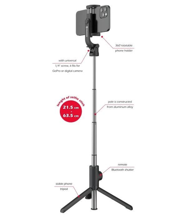 Swissten bluetooth selfie stick aluminum tripod pro