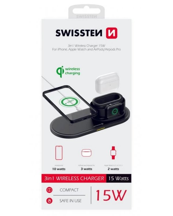 Swissten bezdrátová nabíječka pad 3v1 černá