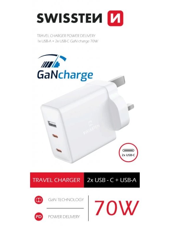 Swissten síťový adaptér gan 2x usb-c + 1x usb 70w pro uk zásuvku