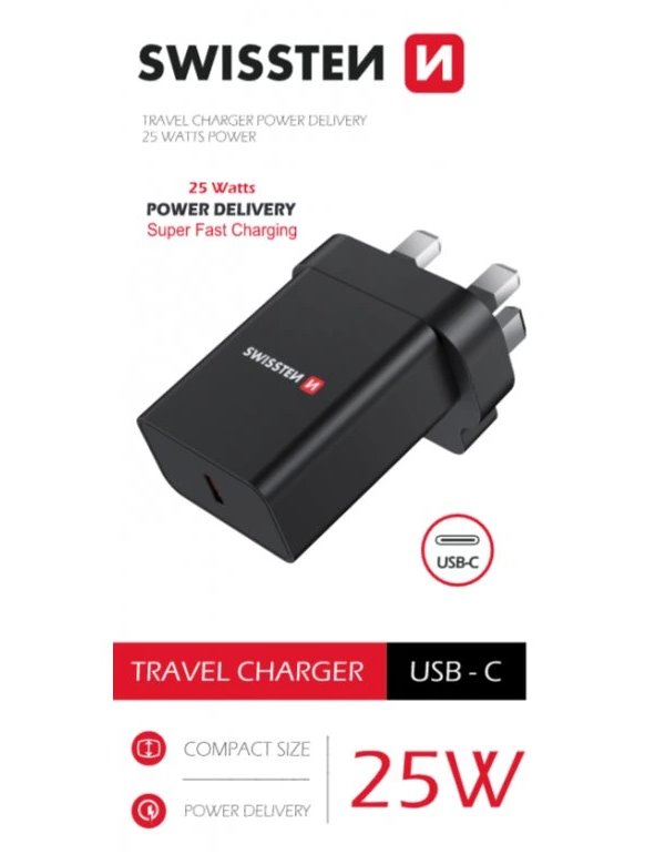 Swissten síťový adaptér pd 25w pro iphone a samsung pro uk zásuvku černý