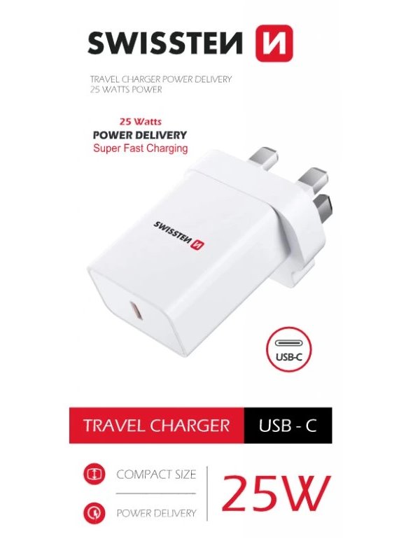 Swissten síťový adaptér pd 25w pro iphone a samsung pro uk zásuvku bílý