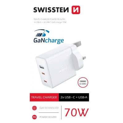Swissten síťový adaptér gan 2x usb-c + 1x usb 70w pro uk zásuvku