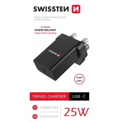 Swissten síťový adaptér pd 25w pro iphone a samsung pro uk zásuvku černý