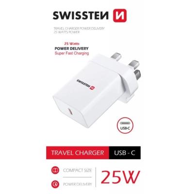 Swissten síťový adaptér pd 25w pro iphone a samsung pro uk zásuvku bílý