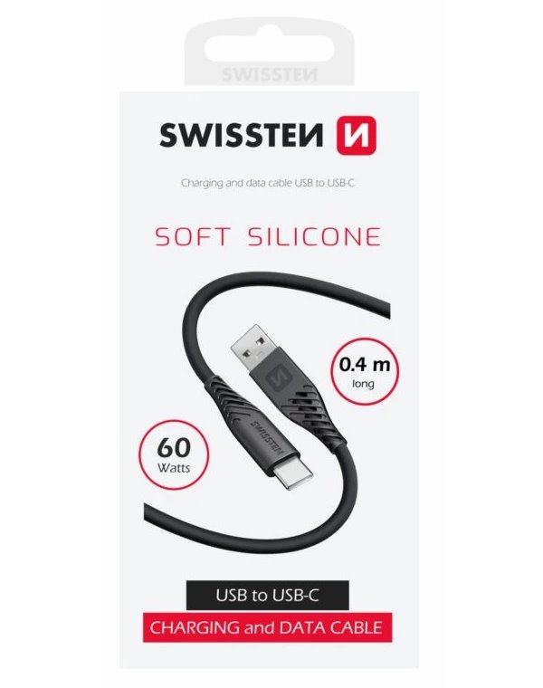 Swissten datový kabel soft silicone usb / usb-c 0,4 m černý
