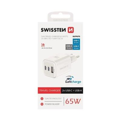 Swissten síťový adaptér gan 2x usb-c 65w pd + 1x usb-a 18w qc bílý