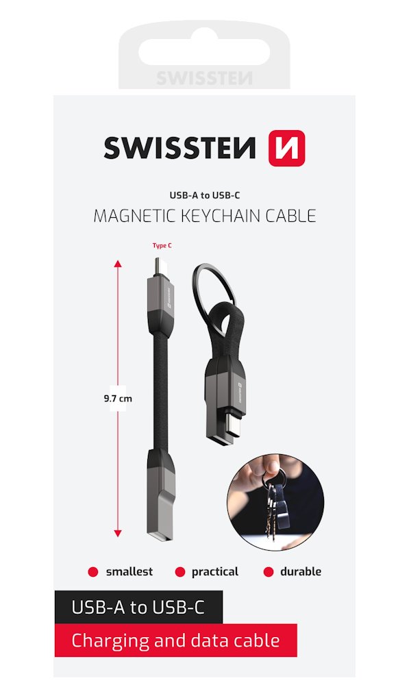 Swissten magnetický keychain kabel usb-a / usb-c 9,7 cm