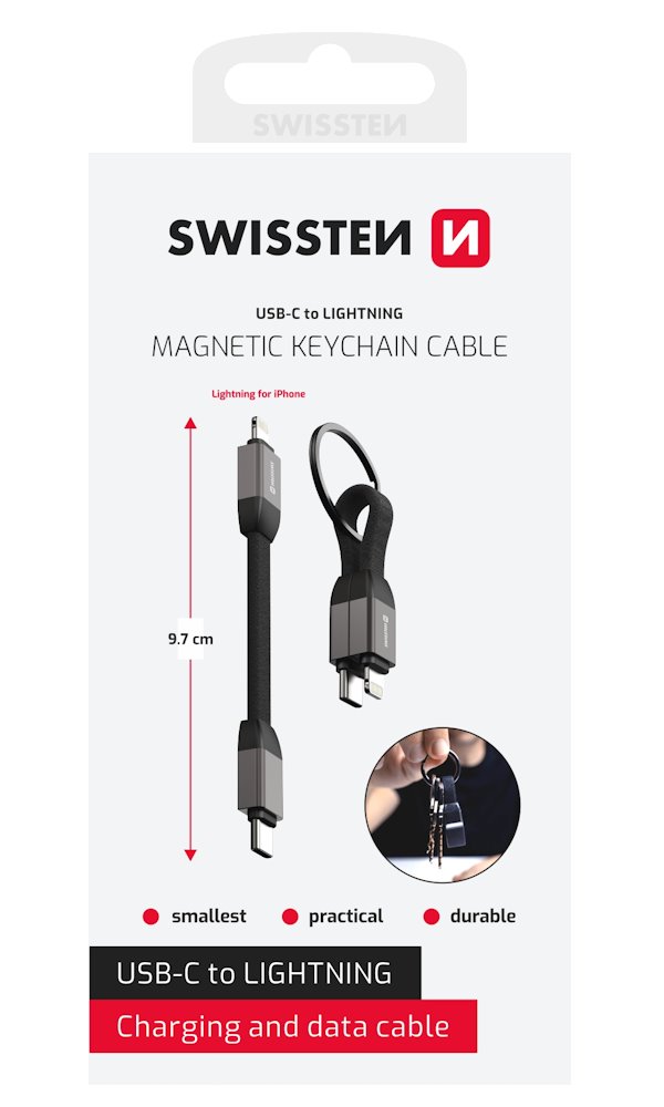 Swissten magnetický keychain kabel usb-c / lightning 9,7 cm