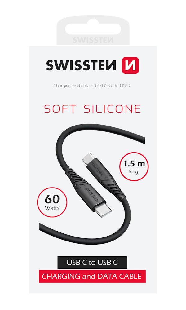 Swissten Datový kabel SOFT SILICONE USB-C / USB-C 1,5 M, PD 60 W, černý