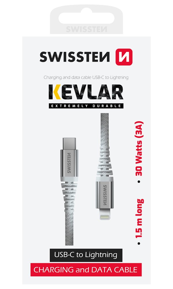Swissten datový kabel kevlar usb-c / lightning 1,5 m bílý