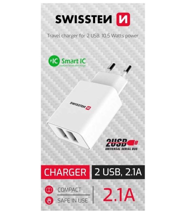 Swissten síťový adaptér smart ic 2x usb 2,1a power bílý (samoprodavač)