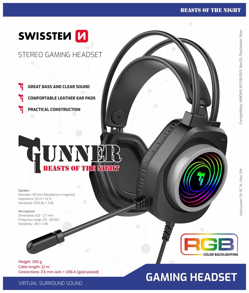 Swissten herní sluchátka gunner