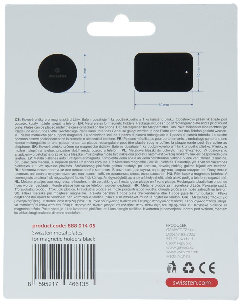 Swissten set kovový lepící štítek a podložka k magnetickým držákům do auta (retail pack)