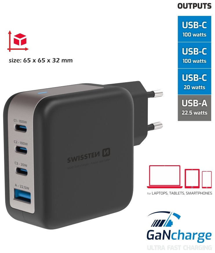 Swissten síťový adaptér gan 3x usb-c 100w pd + 1x usb-a 18w qc černý