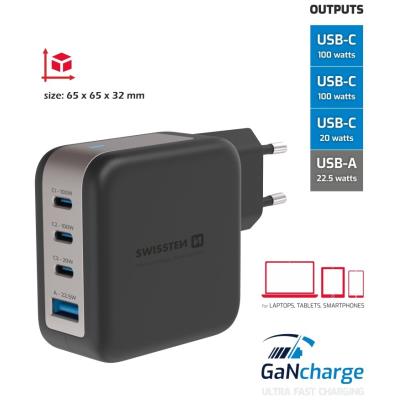 Swissten síťový adaptér gan 3x usb-c 100w pd + 1x usb-a 18w qc černý