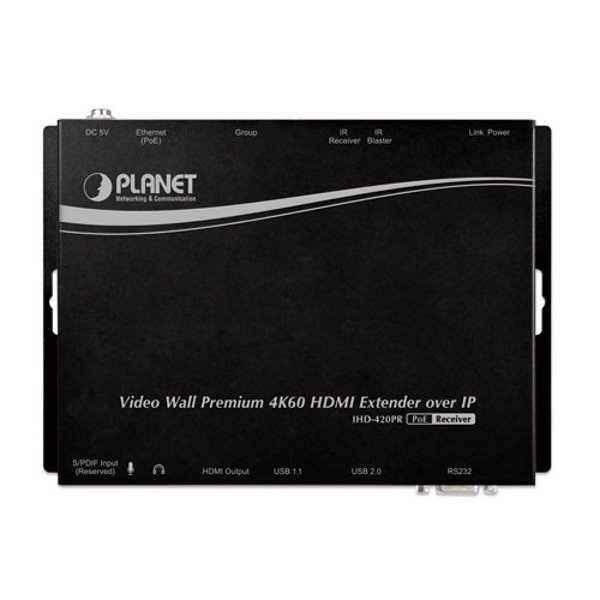 Planet IHD-420PR, HDMI a USB video reciever/ video wall, 4K/60, přijímač, multicast, IR, RS-232, napájení PoE