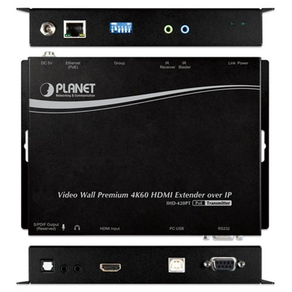 Planet IHD-420PT, HDMI a USB video transmitter/ video wall, 4K/60, vysílač, multicast, IR, RS-232, napájení PoE