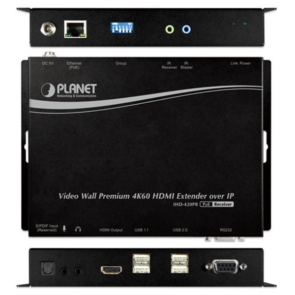 Planet IHD-420PR, HDMI a USB video reciever/ video wall, 4K/60, přijímač, multicast, IR, RS-232, napájení PoE