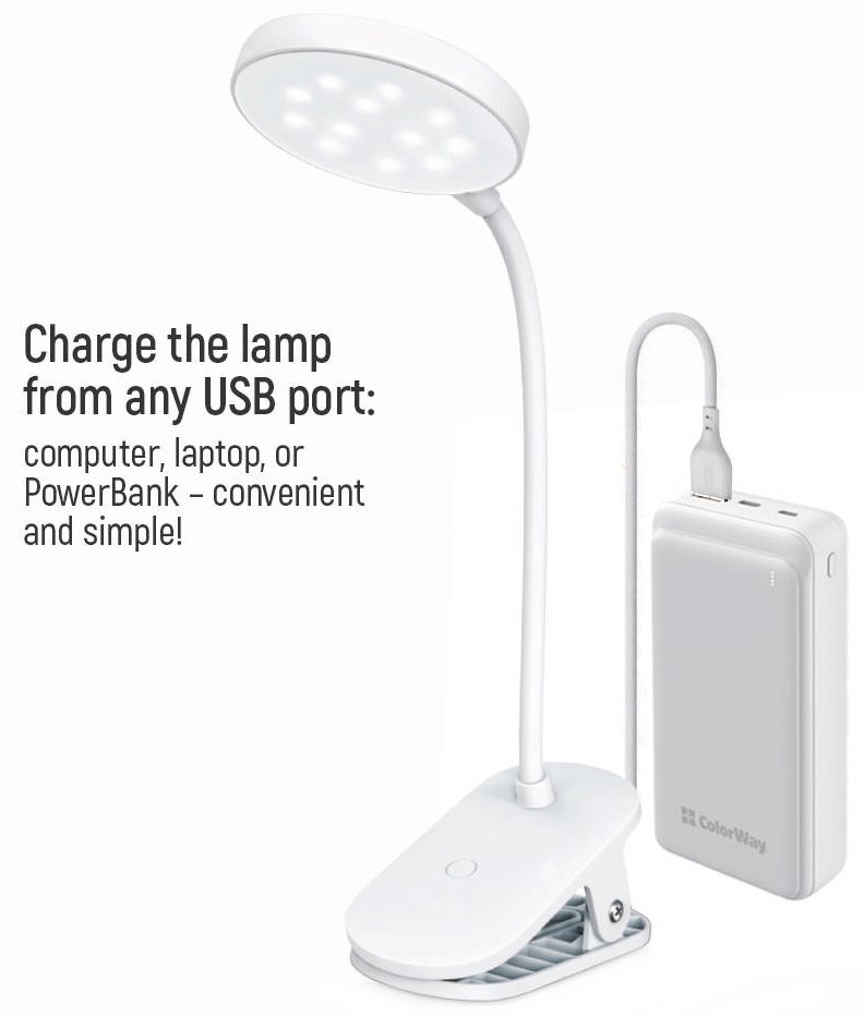 Colorway stolní LED lampa / CW-DL02B-B/ Integrovaná baterie / Klip/ Bílá