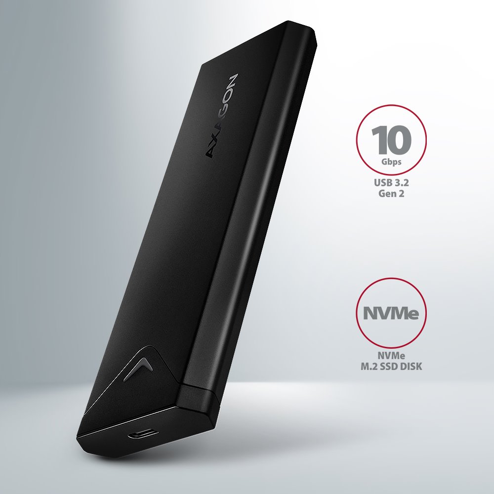 AXAGON box na M.2 NVMe SSD / EEM2-UB2 / USB-C / USB 3.2 Gen2 / černý / kabel 20cm USB-C na USB-C