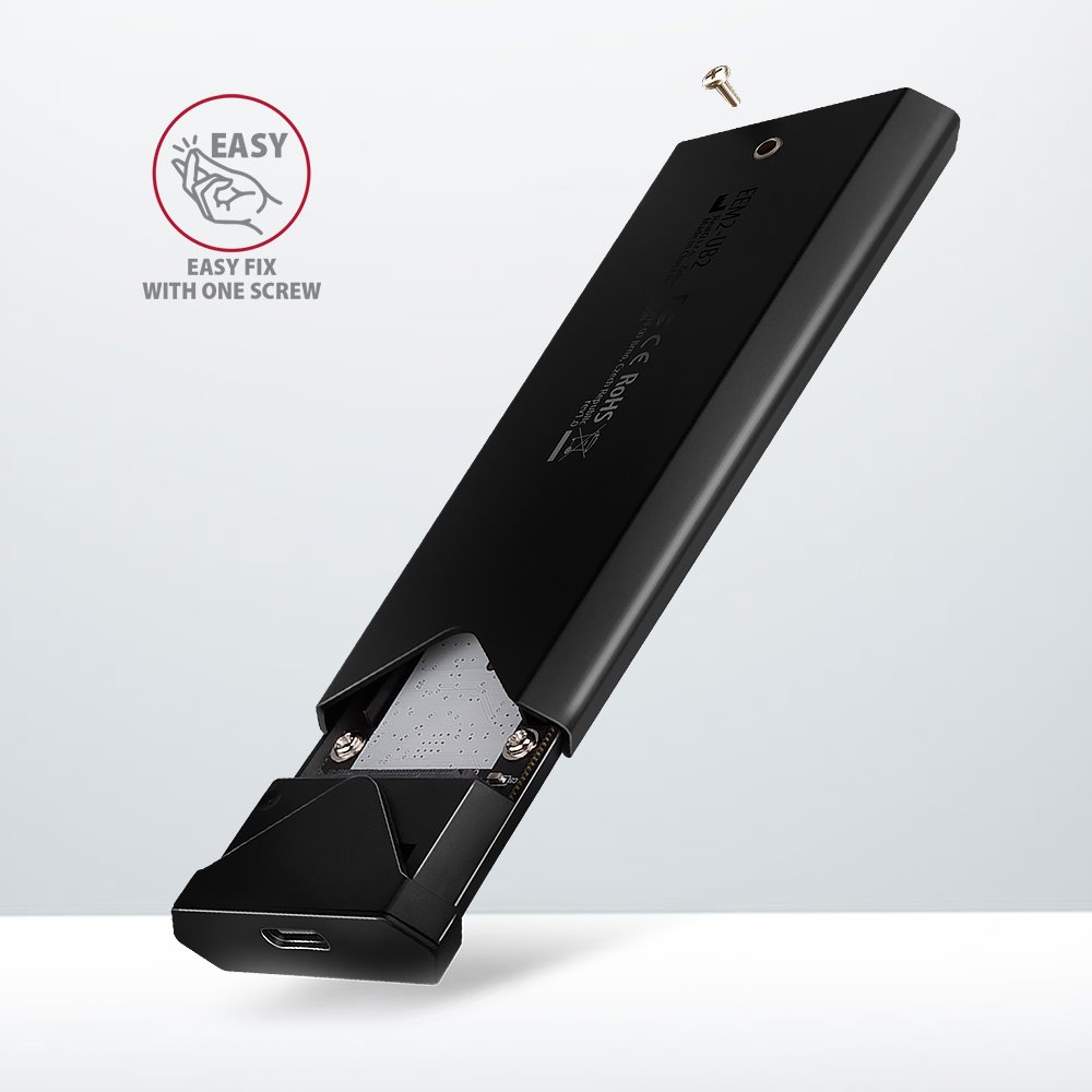 AXAGON box na M.2 NVMe SSD / EEM2-UB2 / USB-C / USB 3.2 Gen2 / černý / kabel 20cm USB-C na USB-C