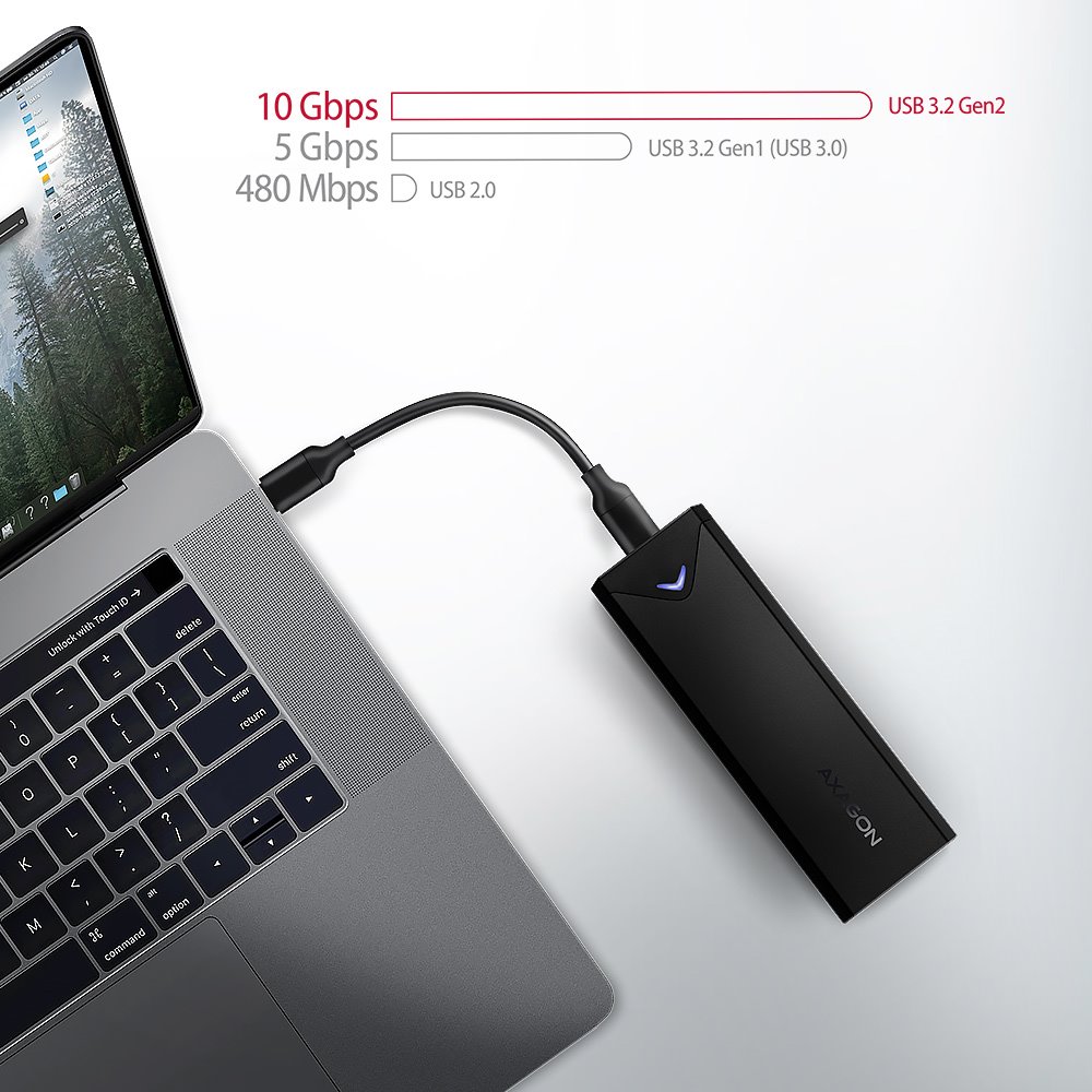 AXAGON box na M.2 NVMe SSD / EEM2-UB2 / USB-C / USB 3.2 Gen2 / černý / kabel 20cm USB-C na USB-C