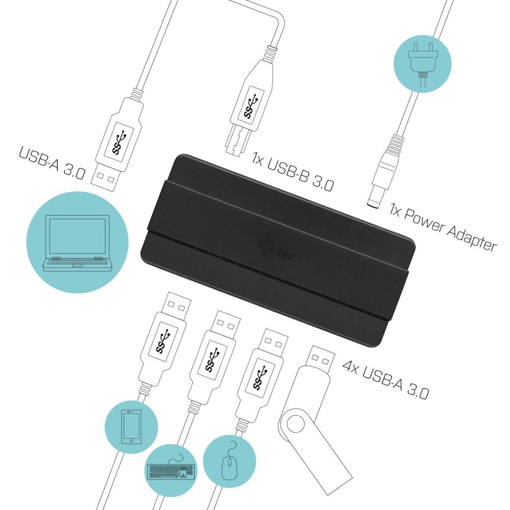 i-tec USB HUB Charging/ 4 porty/ 1 nabíjecí port/ USB 3.0/ napájecí adaptér/ černý
