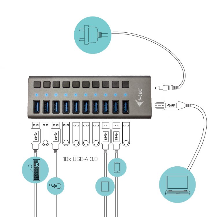 i-tec USB 3.0 nabíjecí HUB 10 Port + napájecí adaptér 48 W