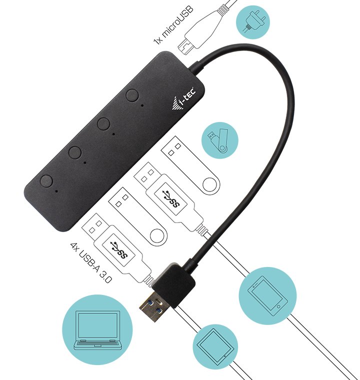 i-tec USB HUB METAL/ 4 porty/ USB 3.0/ tlačítko On/Off pro zapnutí a vypnutí/ kovový/ černý