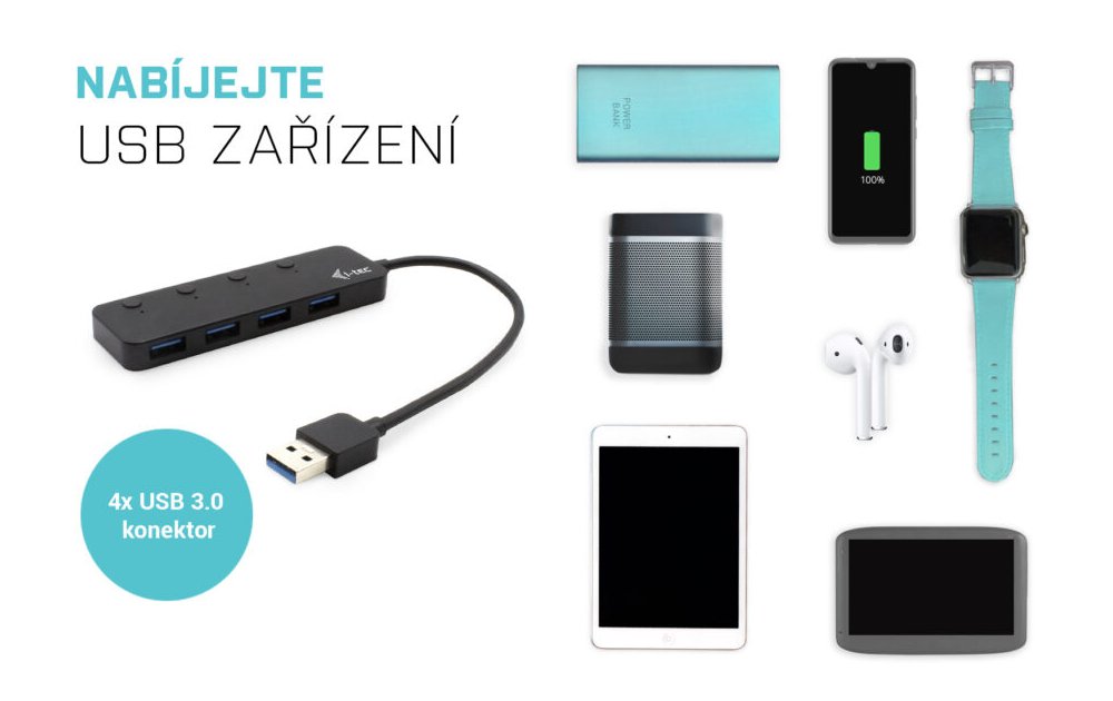 i-tec USB HUB METAL/ 4 porty/ USB 3.0/ tlačítko On/Off pro zapnutí a vypnutí/ kovový/ černý