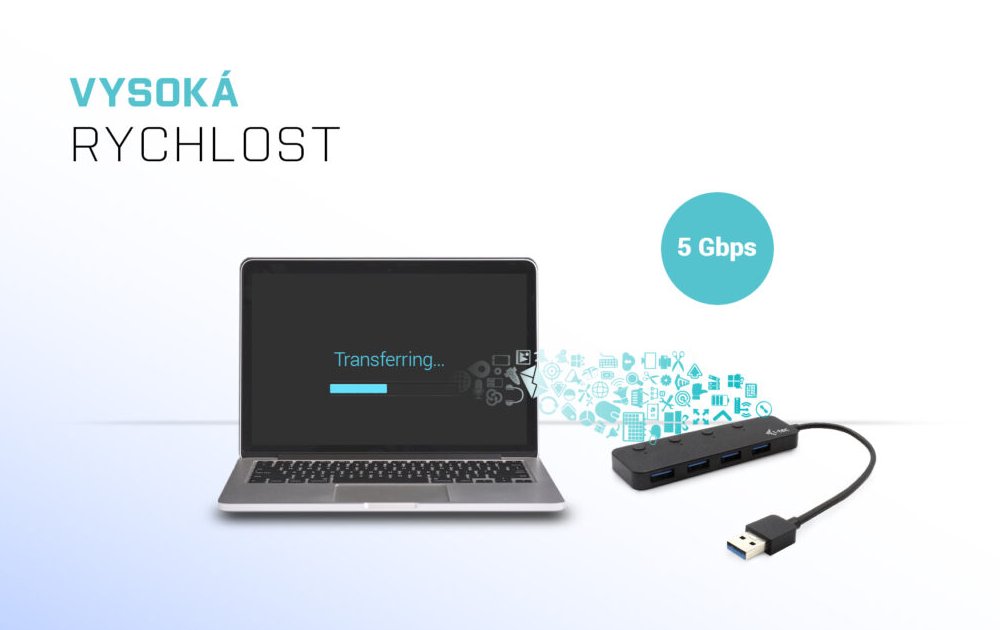 i-tec USB HUB METAL/ 4 porty/ USB 3.0/ tlačítko On/Off pro zapnutí a vypnutí/ kovový/ černý