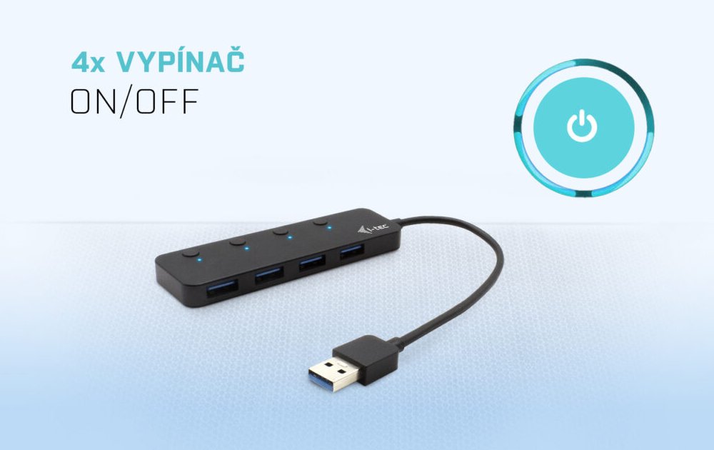 i-tec USB HUB METAL/ 4 porty/ USB 3.0/ tlačítko On/Off pro zapnutí a vypnutí/ kovový/ černý
