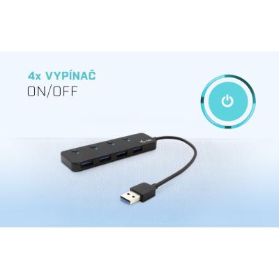 i-tec USB HUB METAL/ 4 porty/ USB 3.0/ tlačítko On/Off pro zapnutí a vypnutí/ kovový/ černý