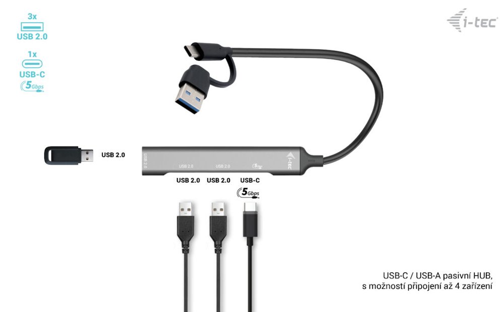 i-tec USB-A/USB-C Metal HUB/ 1x USB-C 3.1/ 3x USB 2.0/ kovový
